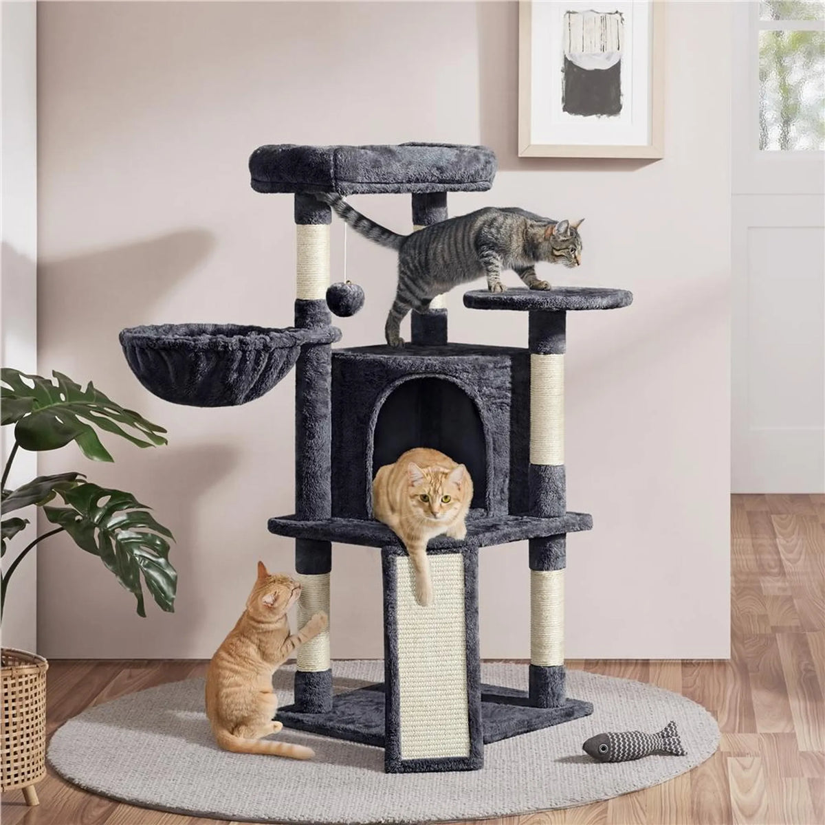 Yaheetech Katzenpfosten mit 5 Sisalstangen - Ausgestattet mit gepolsterter Aussichtsplattform und Hängematte und Katzenhöhle - Für 2 bis 3 kleine und mittlere Katzen - Dunkelgrauer Plüsch und Metall - 43,5 x 43,5 x 106 cm