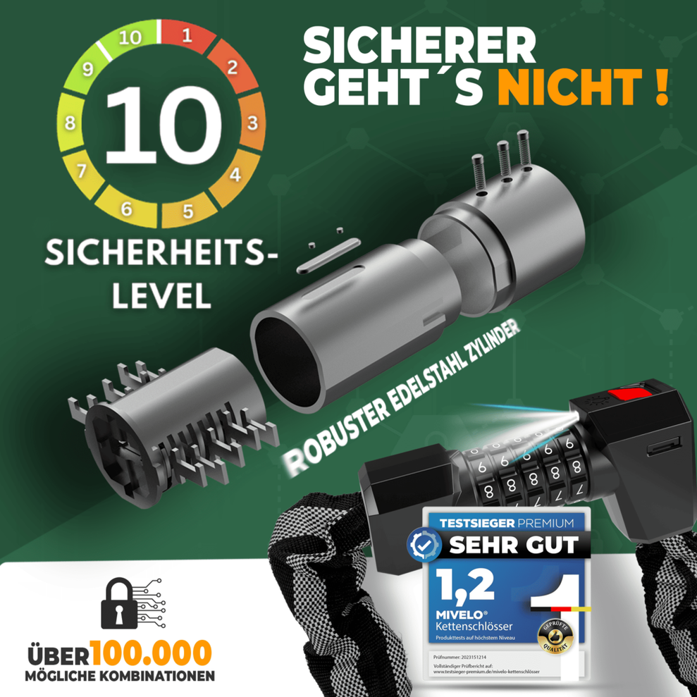 Mivelo Kettenschloss 100 cm – Zahlenschloss mit LED – Edelstahl – Schwarz