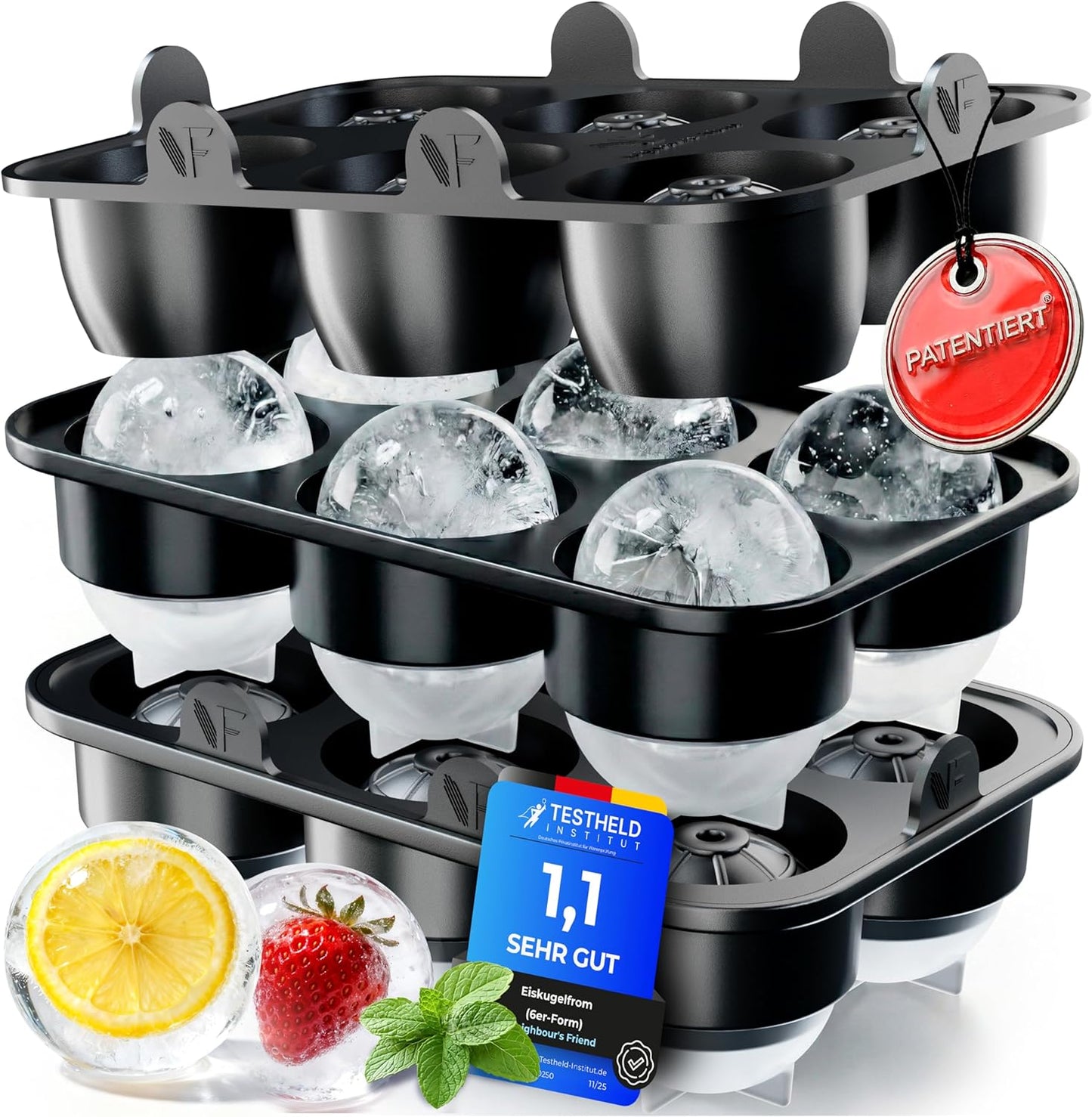 Neighbour's Friend – 2x patentierte XXL-Eiswürfelform „Platinum“ – runde, große Eiswürfelform für Cocktails, Gin und andere Getränke – 12 Eisbälle