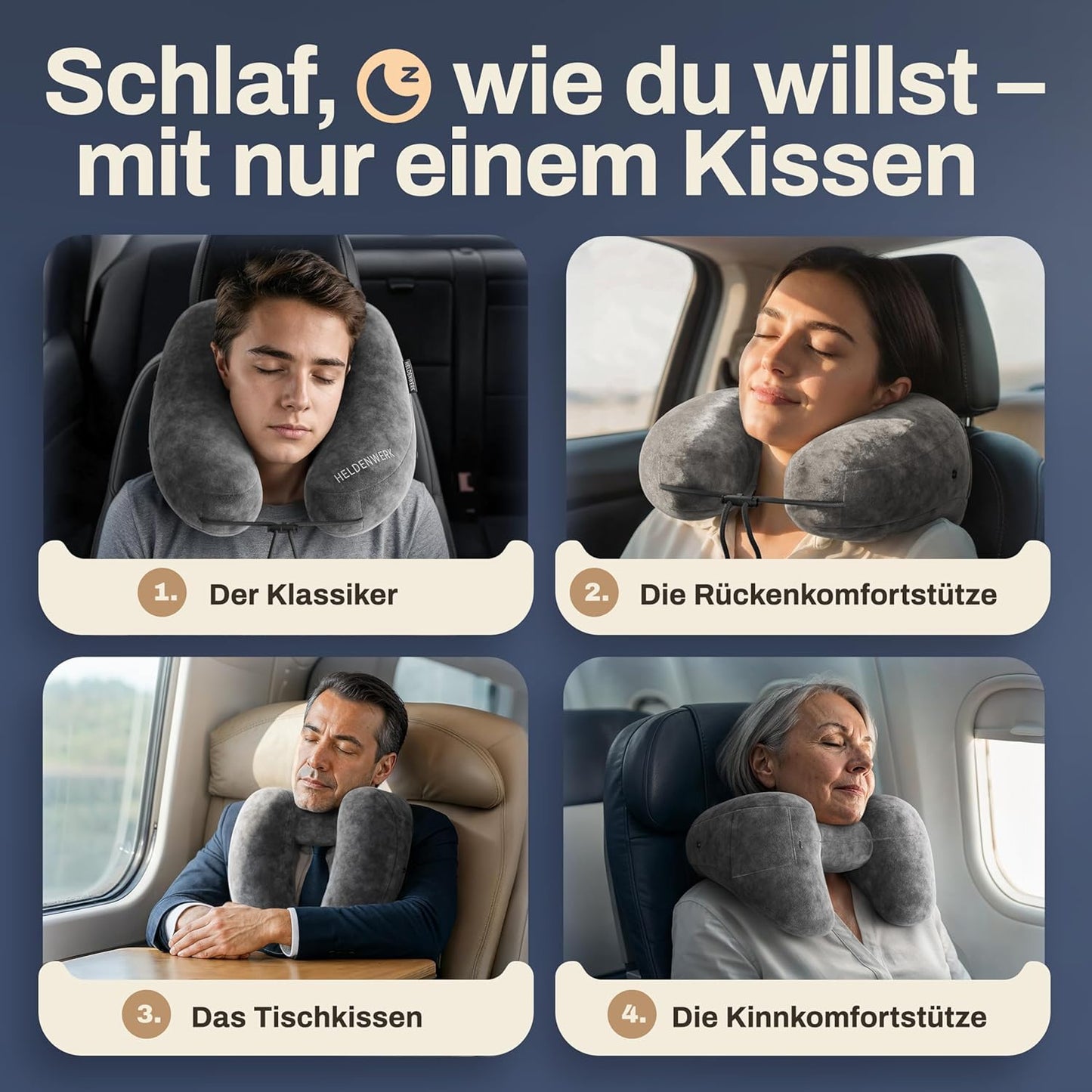 Heldenwerk Premium Air Aufblasbares Nackenkissen – Dunkelgrau – Größe S – Inklusive Kapuze und Ohrstöpseln