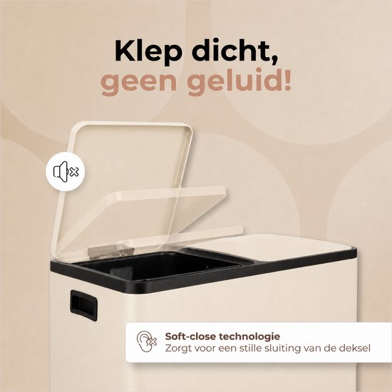 O'DADDY® Mülleimer – Abfallbehälter – Mülleimer 60 Liter – Tretmülleimer – Mülltonne – Mülleimer mit 2 Fächern - Mülleimer mit Mülltrennung – Abfallbehälter mit Mülltrennung – 2 Inneneimer – Soft-Close – Inklusive 15 Müllbeutel – Beige