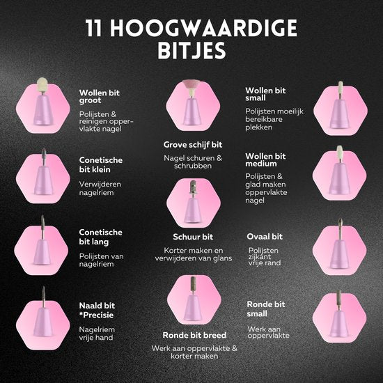 Beeperfect® Cordless Electric Nail File Pro Edition - Nagelfräse - Maniküre- und Pediküre-Set - wiederaufladbar - 11 Bits und 60 Schleifrollen - 30.000 U/min - Pink
