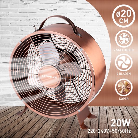 Lifetime Air Tischventilator - 230V - Tischventilator 20CM - 2 Geschwindigkeiten - Langlebiges Material - Kupfer