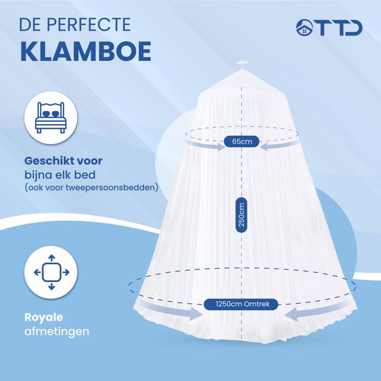 TTD® Hochwertiges XXL Moskitonetz 2 Persoons mit Reisetasche - Polyester - Waschbar in der Waschmaschine - Moskitonetz 1 Persoons - Moskitonetz Baby - Moskitonetz - Moskitonetz - 65 x 250 x 1250 cm - Inklusive Ring und Montageset