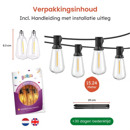 Partizzle 15m LED Lichterkette Edison - 25 Lampen Girlande - Wasserfeste Lichtergirlande für Terrasse und Camping - Weihnachtsbeleuchtung / Gartenbeleuchtung - 2700k / Warmweiß