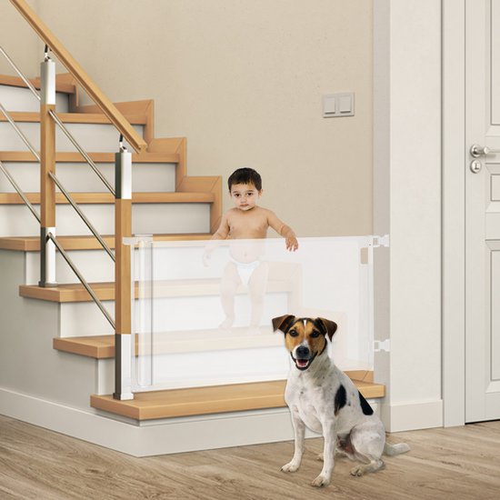 Aufrollbares Treppentor mit Stickerfunktion - Sicherheitstor - Verstellbar - Hundetor - Treppentor ohne Bohren - Kindertor - Für Tiere und Kinder - 10 bis 150 cm breit - Weiß - Sweet Sprout