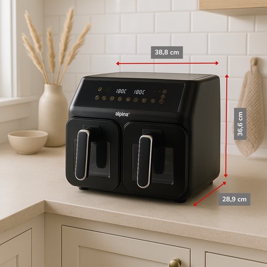 alpina Doppel-Airfryer XXL – Heißluftfritteuse 2x4 l – Airfryer mit digitalem Touchscreen – Heißluftofen für 6 Personen und mehr – 8 Kochprogramme – Sync-Modus – Timer-Funktion