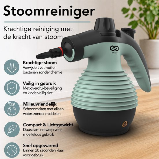 Infinity Goods Dampfreiniger – 12-in-1-Handdampfreiniger – Handdampfreiniger – Fleckenentferner – Teppichreiniger – 10 Aufsätze – 1050 Watt – 3,2 bar – Grün