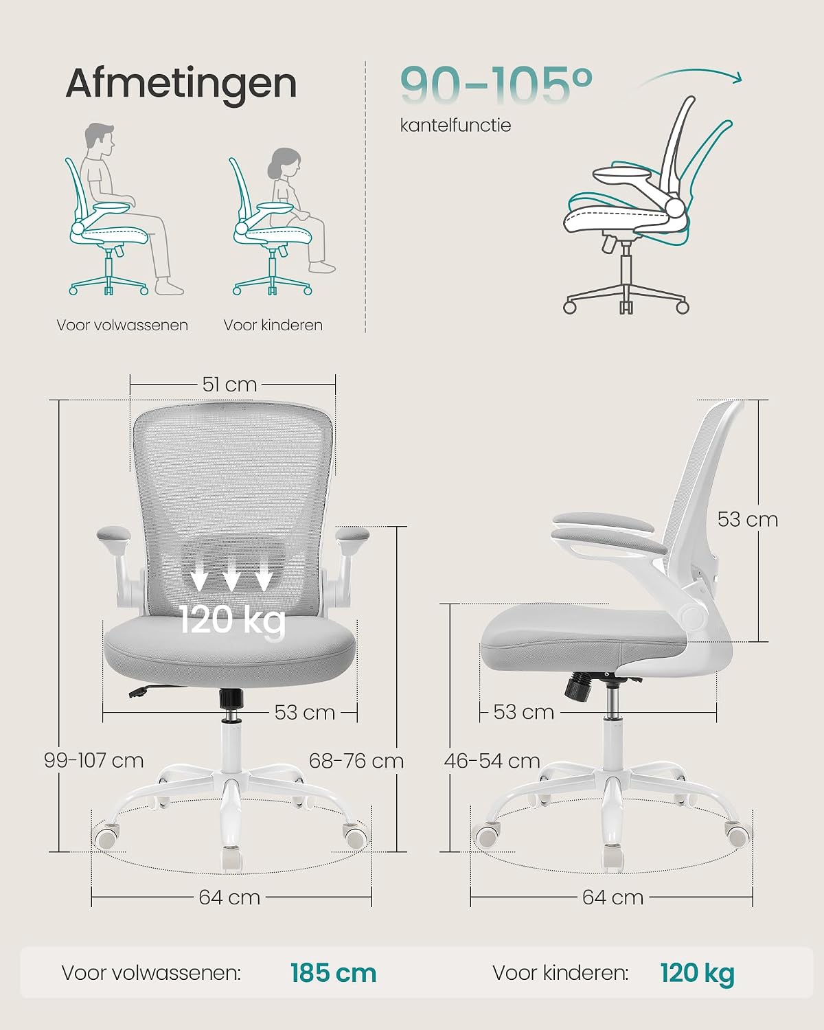 Songmics KIME ergonomischer Bürostuhl – Hellgrau – 64 x 64 x (99–107) cm
