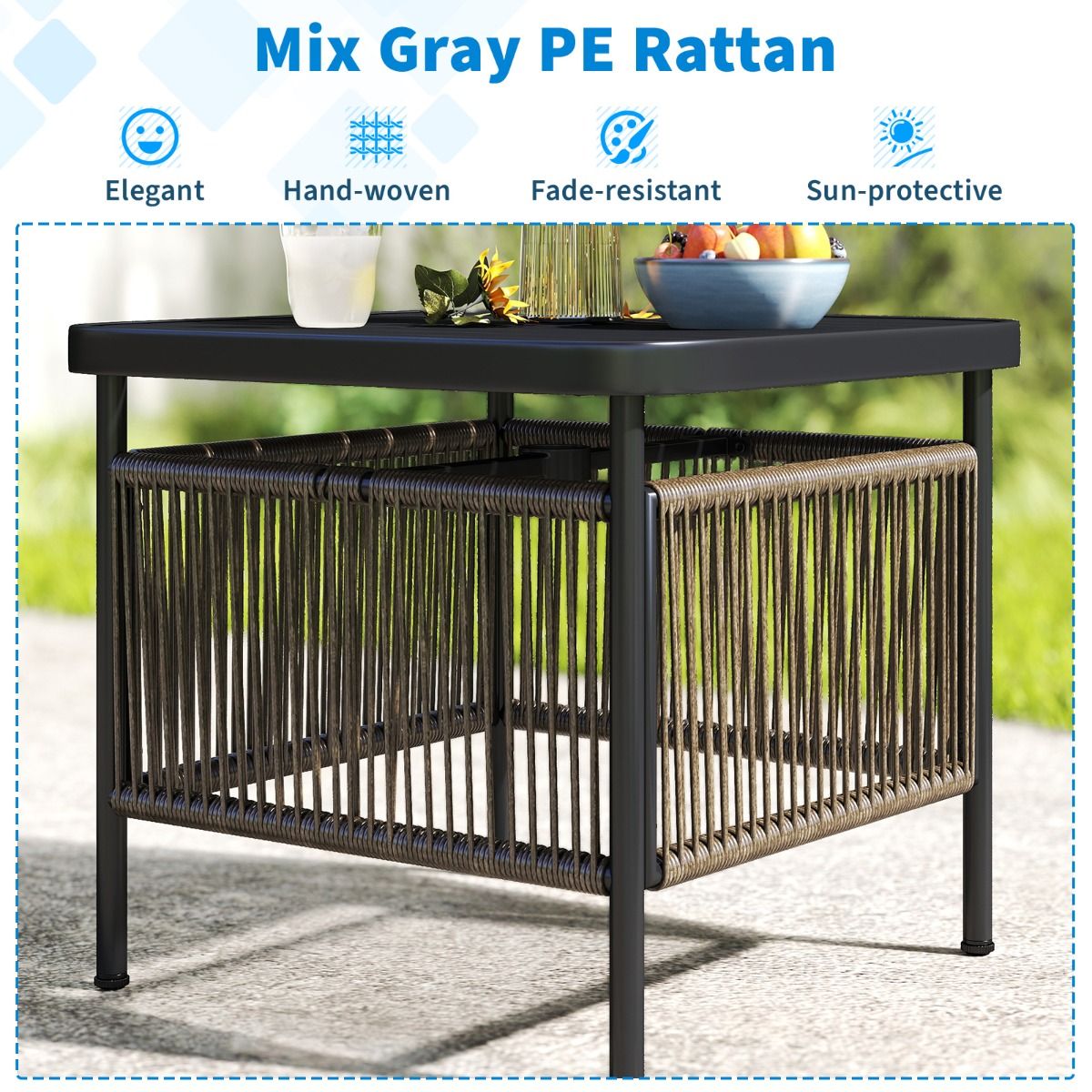 Coast Beistelltisch für den Außenbereich – wetterfestes Rattan – mit Sonnenschirmloch – schwarz – 56 x 56 x 49 cm
