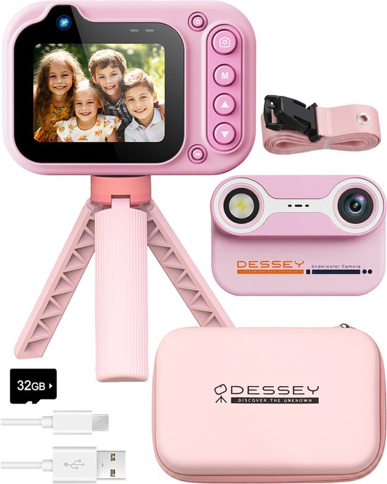 ODESSEY Wasserdichte Kinderkamera – mit Stativ – Full HD – Selfie-Kamera – 32 GB SD-Karte – Foto – Video – Spiele – Digitalkamera für Kinder – Fotokamera für Kinder – Rosa