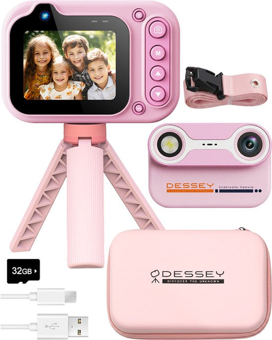 ODESSEY Wasserdichte Kinderkamera – mit Stativ – Full HD – Selfie-Kamera – 32 GB SD-Karte – Foto – Video – Spiele – Digitalkamera für Kinder – Fotokamera für Kinder – Rosa