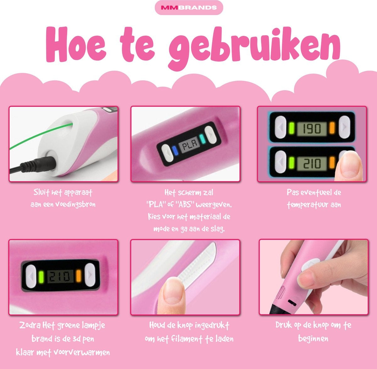 MM Brands 3D-Stift - 3 Meter lange Ladekabel - Rosa