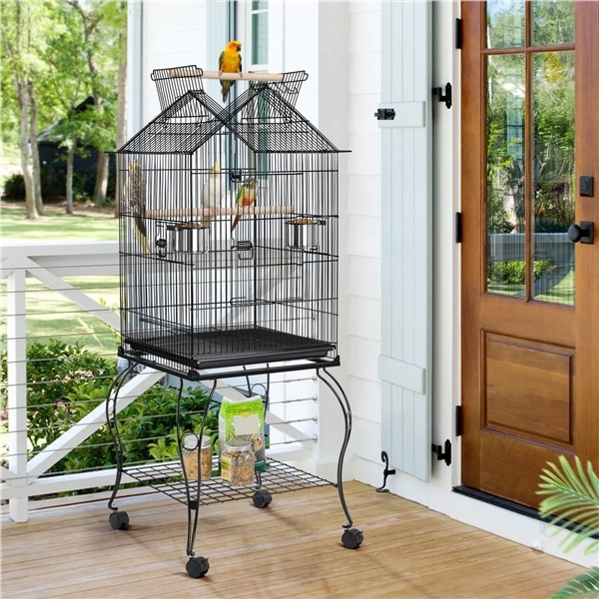 Yaheetech XXL-Vogelkäfig mit mobilem Sockel - 59,5 x 59,5 x 145 cm - mit Öffnung im Dach und abnehmbarem Boden und Ablagefach - für Sittiche und Kanarienvögel - schwarzes Metall und Holz