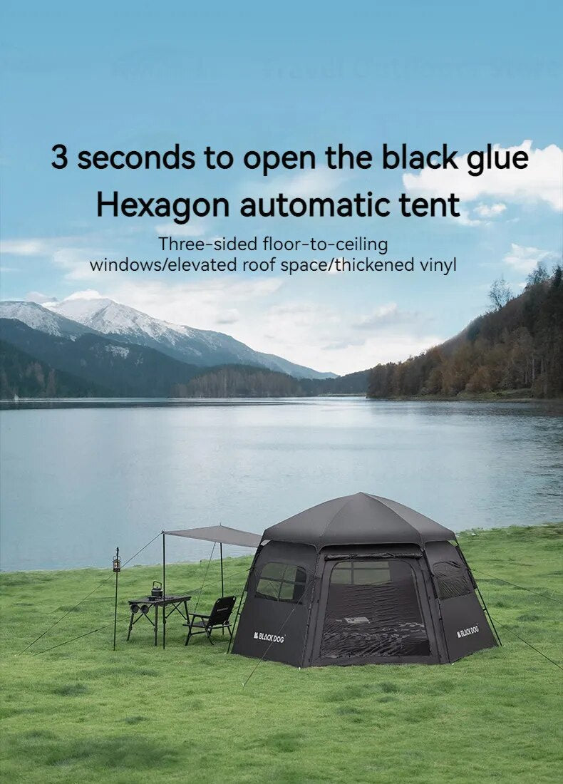Blackdog Hexagon Automatikzelt CBD2300QT012 – 12,5 m² – UPF50+ – PU3000 mm – Schwarz.