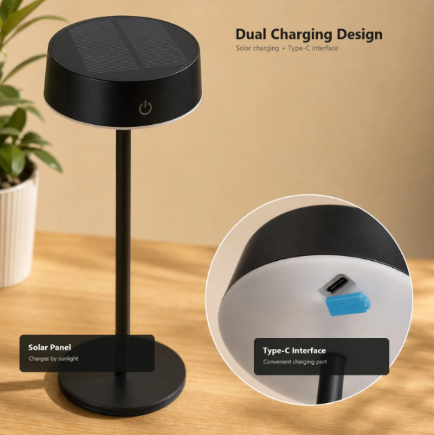 Arlgsite Solar-Tischlampe – kabellos – über USB-C aufladbar – dimmbar – 3 Lichtmodi