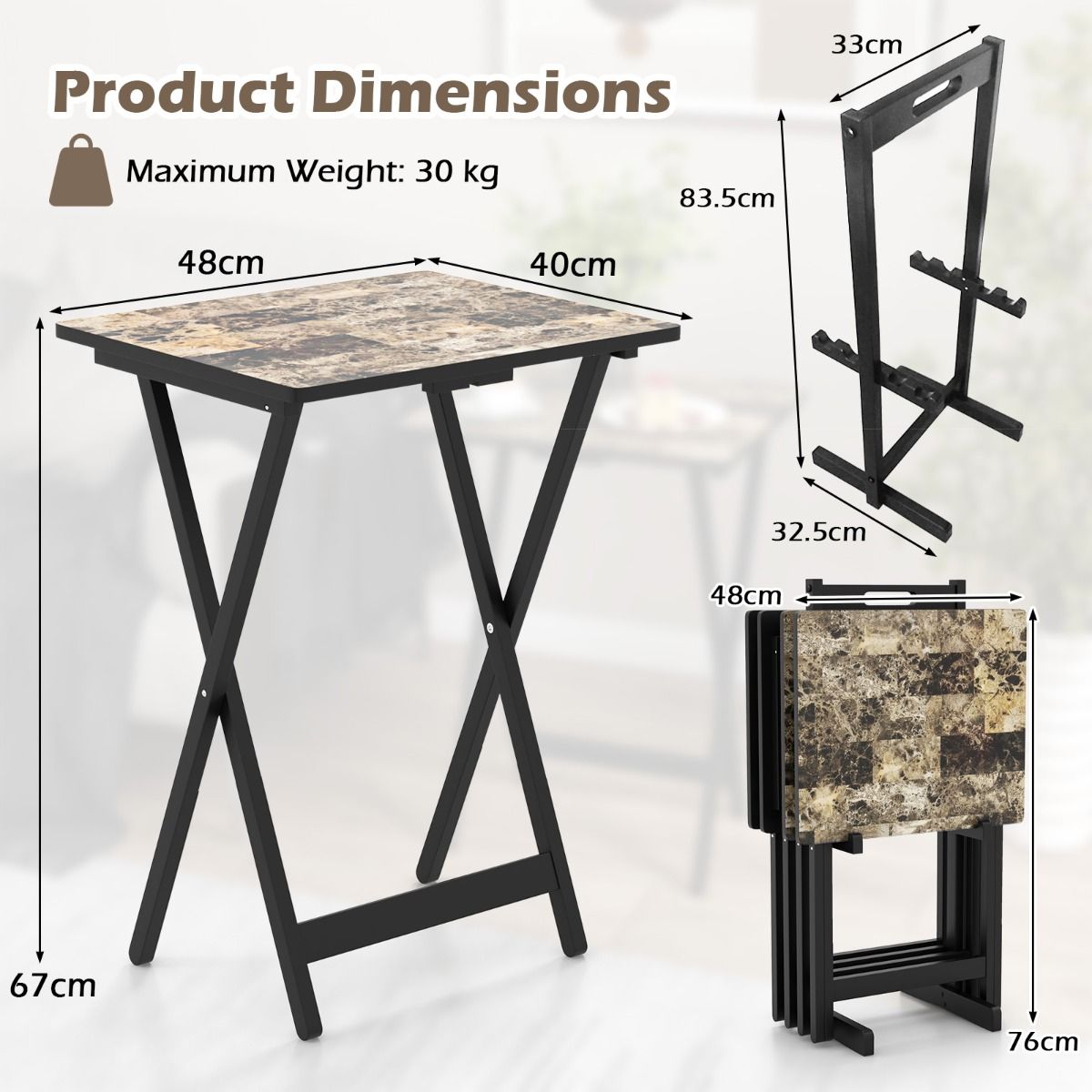 Coast 4-teiliges Klapptisch-Set - Klappbar - Mit Ständer - Marmoroptik - 48 x 40 x 67 cm - MDF/Kautschukholz - Schwarz