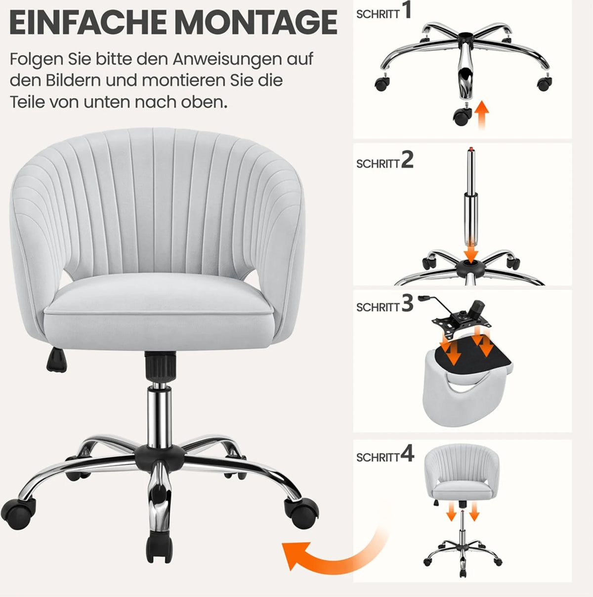 Yaheetech Bürostuhl Sessel - 60 x 56,5 x 73-83 cm - Mit samtig weicher Polsterung und verstellbarer Sitzhöhe und entspannender Schaukelfunktion - Für Büro und Empfangshalle - Hellgrau Polyester und Metall
