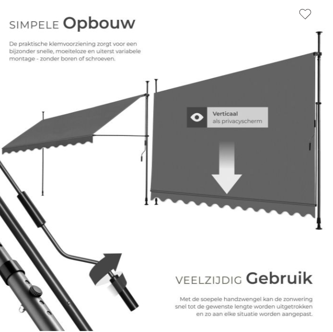 tectake Verstellbare Klemmmarkise mit Kurbel – 404968