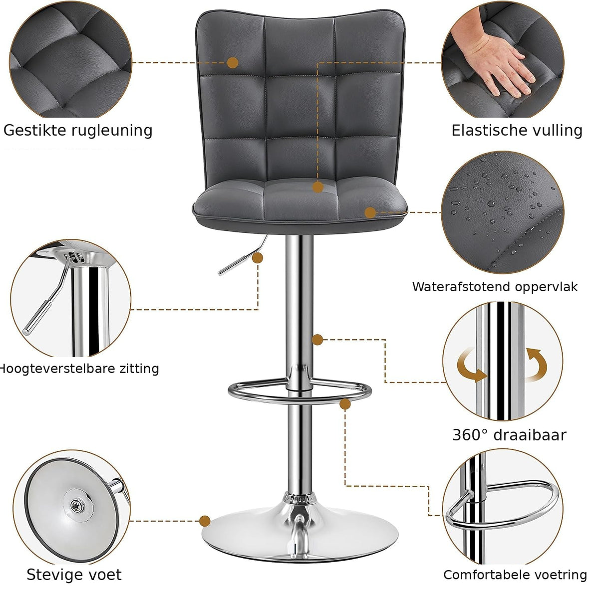 Yaheetech Barhocker, 2er-Set – Grau – Höhenverstellbar 62,5–83 cm – Drehbar, mit Rückenlehne und Fußstütze