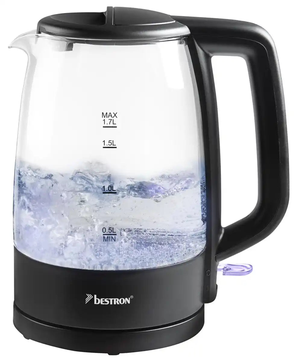 Bestron Glas-Wasserkocher AWK500G – 1,7 Liter – 2200 Watt – Blauer Leuchtring
