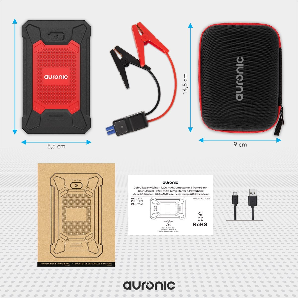 Auronic 12V Starthilfe für Auto 600A / 7.200 mAh 4-in-1 Starthilfe inkl. Tasche - Rot/Schwarz