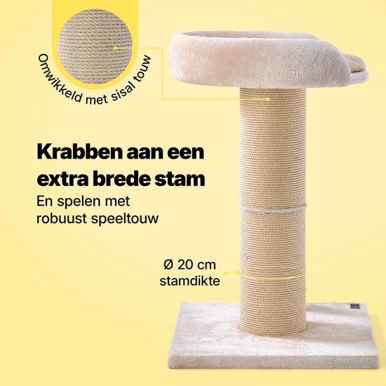 Jake und Jacky Kratzbaum für große Katzen mit Korb – mit Spielseil – Natur/Creme – 57 x 57 x 90 cm – Ø Sisal-Kratzbaum 20 cm