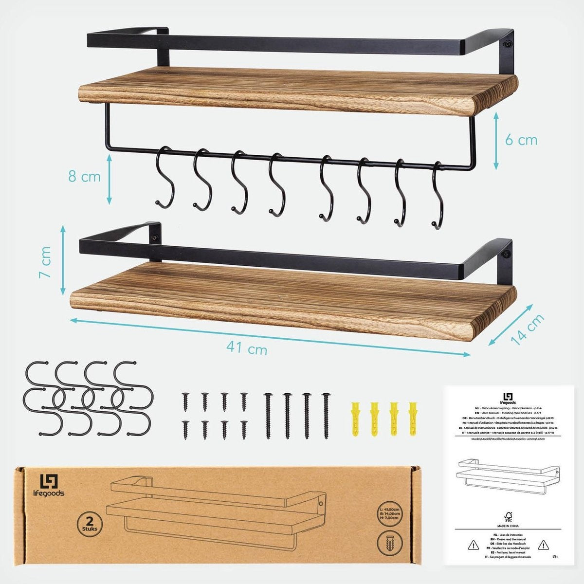 LifeGoods Schwebendes Wandregal - 2 Stück - 41cm - Handtuchhalter und 8 Haken - Industriell - Holz - Braun/Schwarz