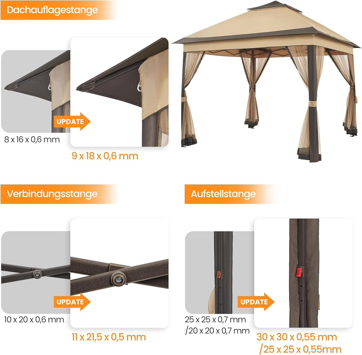 Yaheetech Pop-up-Pavillon 3,3 × 3,3 m mit 4 Netz-Seitenwänden und Tragetasche, Khaki/Braun