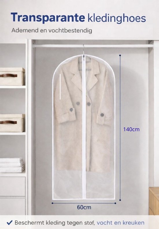 Ceruzo Kleiderhüllen, 5 Stück – 60 x 140 cm – Schutzhülle – Transparent-Weiß