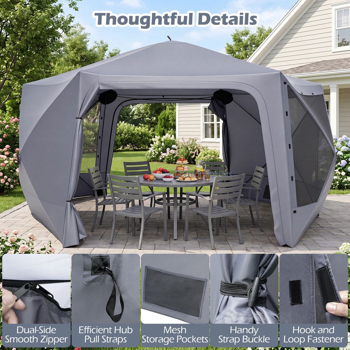 Coast Pop-up-Gartenpavillon – sechseckig – mit 6 Seitenwänden und Moskitonetzen – grau 427 x 427 cm