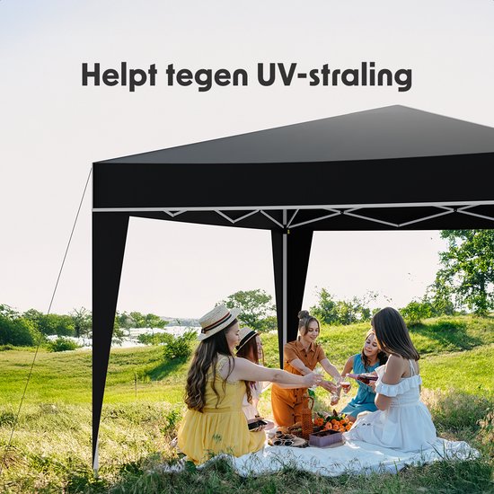 LifeGoods Party Tent Plus - Faltzelt - 3x3 m - Easy Up - Verstärkter Rahmen - Wasserdicht - Tragetasche - Schwarz