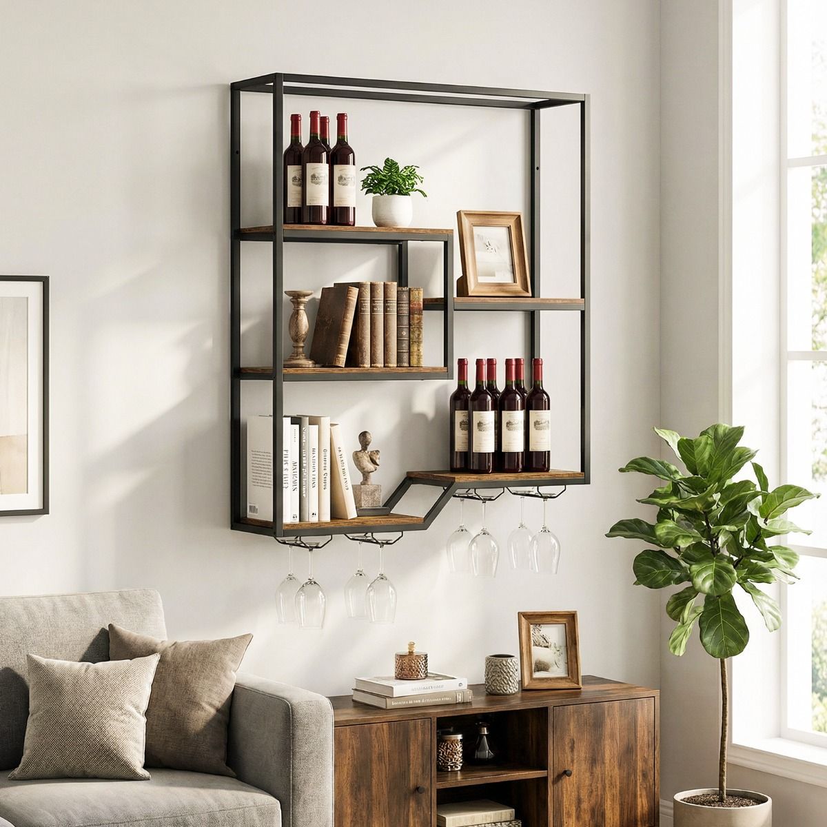 Coast Weinregal zur Wandmontage – 6 Ebenen – Flaschen- und Glashalter – braun und schwarz
