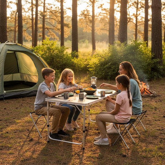 Campingtisch – mit 4 Stühlen – zusammenklappbar – höhenverstellbar – schwarz