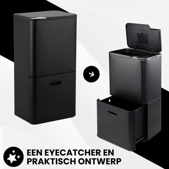 Bayt Mülleimer 60 Liter - Mülleimer 60 Liter - Mülltrennung - 2 Fächer - Edelstahl - Schwarz