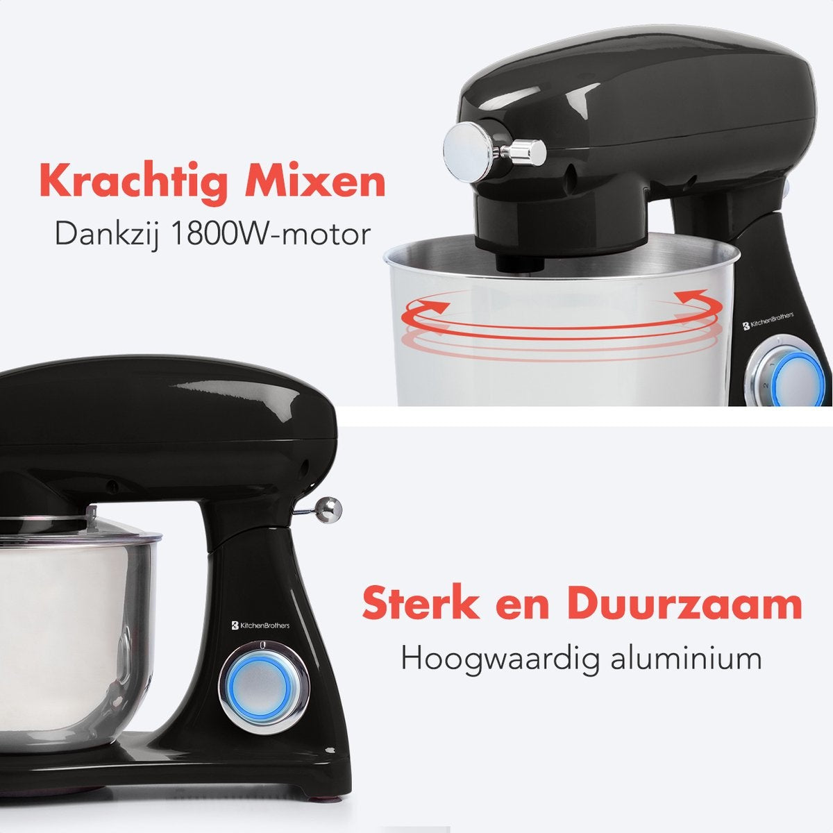KitchenBrothers Küchenmaschine - Küchenmixer mit 6-Liter-Edelstahl-Mixtopf - 1800W - Schwarz