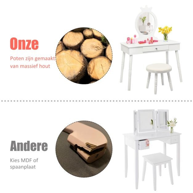 Coast Schminktisch für Kinder - Mit Schublade - Inkl. Hocker - Weiß