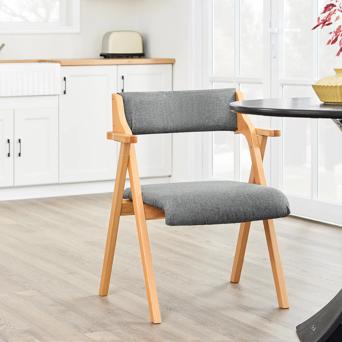 SoBuy FST98-HG Klappbarer Esszimmerstuhl aus Holz mit Kissen – Klappstuhl aus massivem Buchenholz – Grau