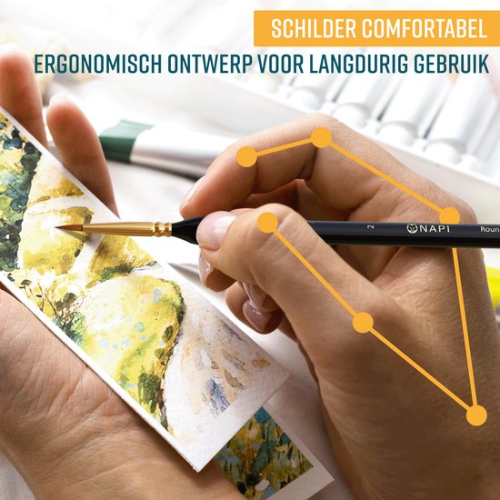 NAPI Pinselset für Präzision - 9 feine Pinsel im Etui - Miniaturmalerei, Modellbau, Gouache, Warhammer. Geeignet für Acrylfarbe, Aquarell, Ölfarbe, Aquarell, Gesichtsmalerei - Ergonomischer Griff - Detail Pinsel Set in Halterung