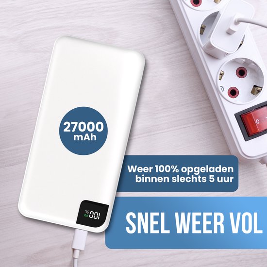 Strex Powerbank White - 27.000 mAh - 22,5W Schnellladegerät - USB-A/USB-C - LED-Anzeige - Universal Powerbank u.a. geeignet für iOS/Android