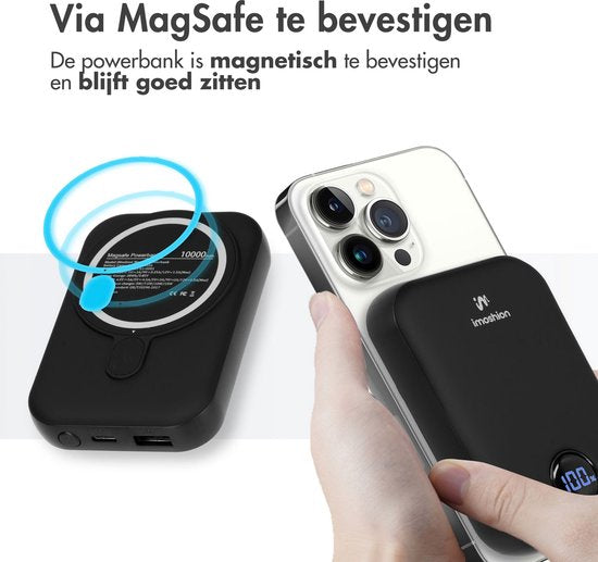 imoshion Powerbank 10000 mAh - Geeignet für MagSafe - Schnellladegerät 22,5W - LED-Anzeige - USB C & USB A - Wireless Powerbank Geeignet für iPhone 12/13/14/15/16 - Schwarz