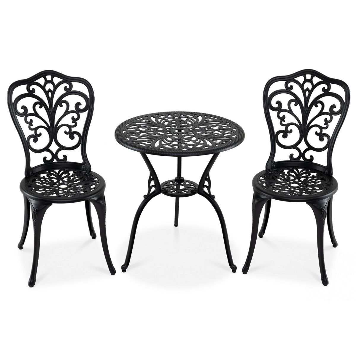 Coast 3-teiliges Bistro-Set – Aluminiumguss – Sonnenschirmloch – Rückenlehnen in Schmetterlingsform – schwarz