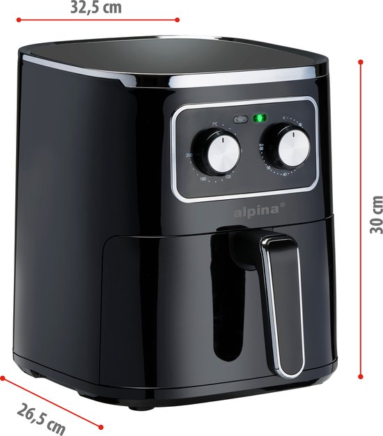 alpina Airfryer 4.5L- Heißluftfritteuse für 3 bis 4 Personen - Luftfritteuse mit einstellbarer Temperatur von 80°C bis 200°C - Timer bis zu 60 Minuten - Heißluftfritteuse 1450W - Schwarz