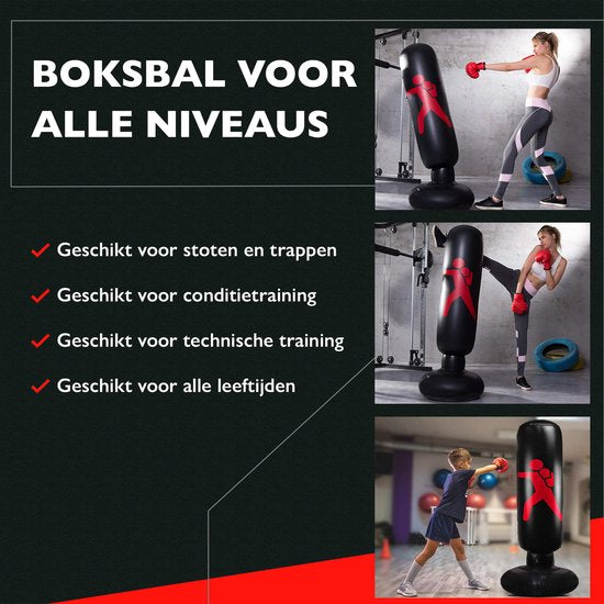 Zoluko Aufblasbarer Boxsack am Fuß - Inkl. Boxhandschuhe, Fußpumpe und E-Book - Indoor und Outdoor - Für Erwachsene und Kinder - Boxsack stehend - Boxsack am Fuß - Boxball am Stand - Boxset Kinder - Boxstange - Boxtrainer - Schwarz