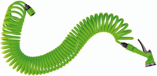 Kinzo Flexibler Gartenschlauch 15 Meter - Inkl. Düse und Schnellkupplung - 7 Sprühfunktionen - Spiralschlauch - UV-beständig - PVC - Grün