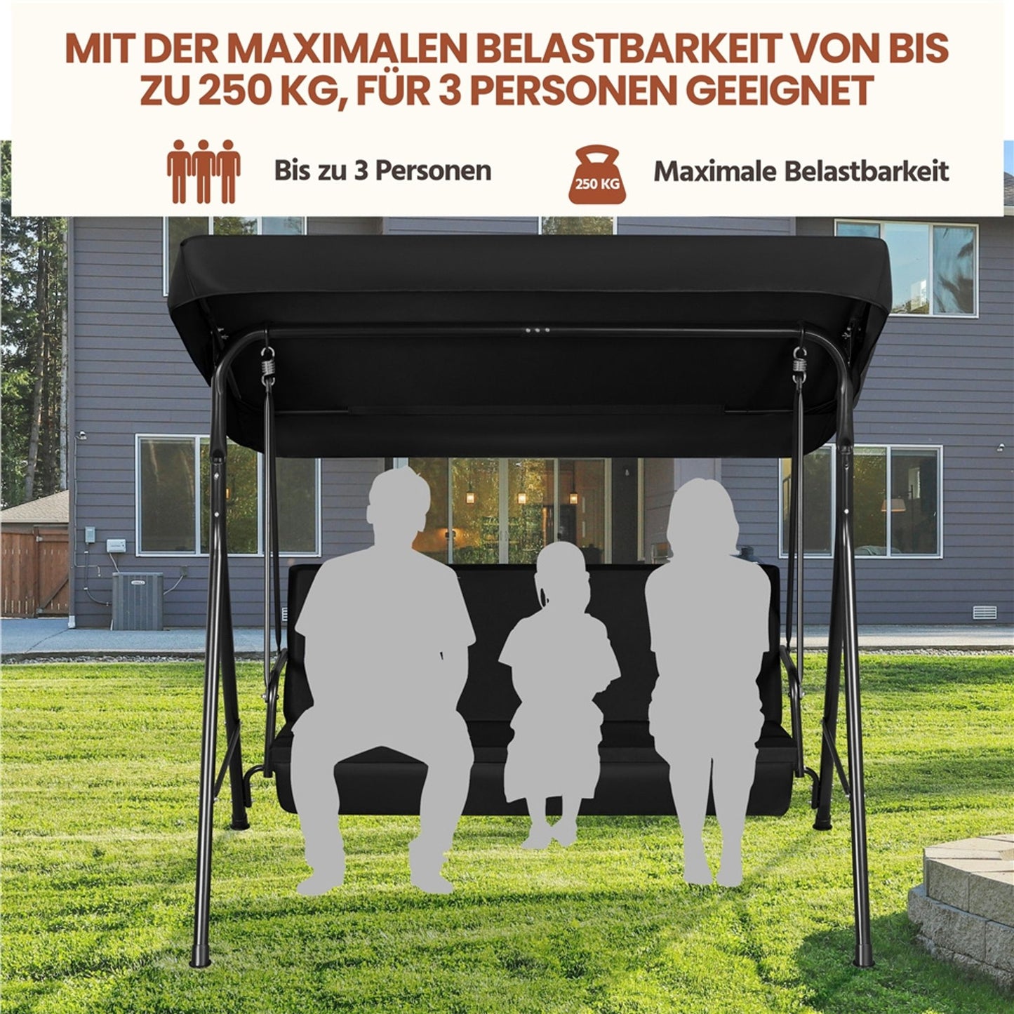 Yaheetech 3-Sitzer-Hollywood-Schaukelstuhl mit verstellbarem Sonnendach – 170 x 112,5 x 162,5 cm – Schwarz