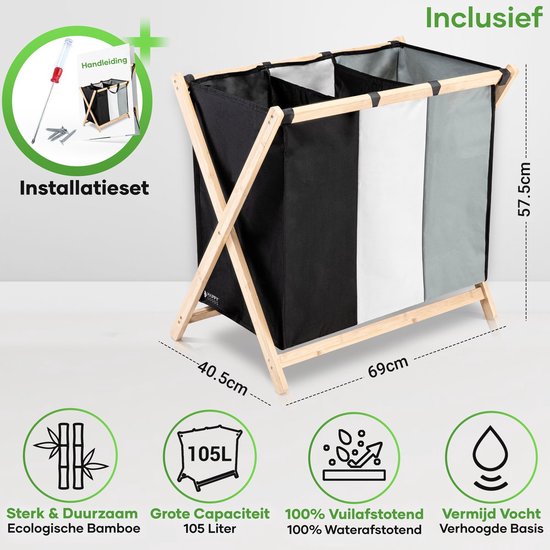 Happy Goods Wäschekorb 3 Fächer - Wäschesortierer - 120 L - Wäschekörbe - Faltbarer Wäschekorb - 3x Wäschesack - Wäschekorb - Wäschebox - Faltbarer Wäschekorb - Wäschesäcke