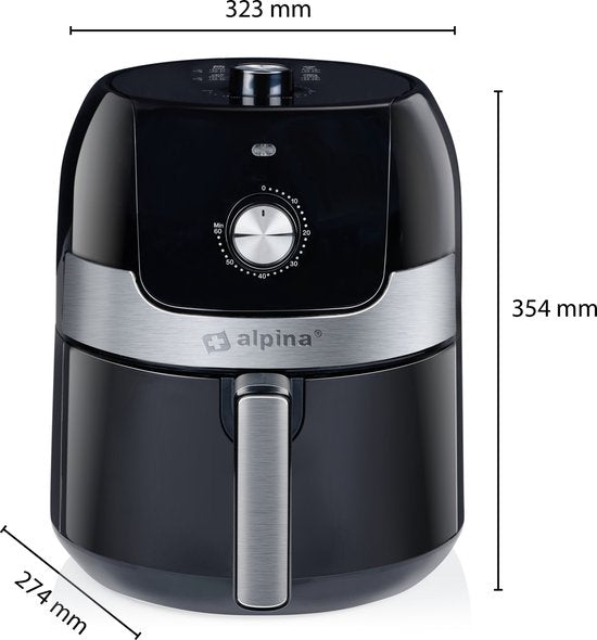 alpina Airfryer 3.5L - Heißluftfritteuse 2 bis 3 Personen - Heißluftfritteuse mit einstellbarer Temperatur von 80 bis 200°C - Heißluftofen Airfryer Timer bis zu 60 Minuten - 1400W - Schwarz