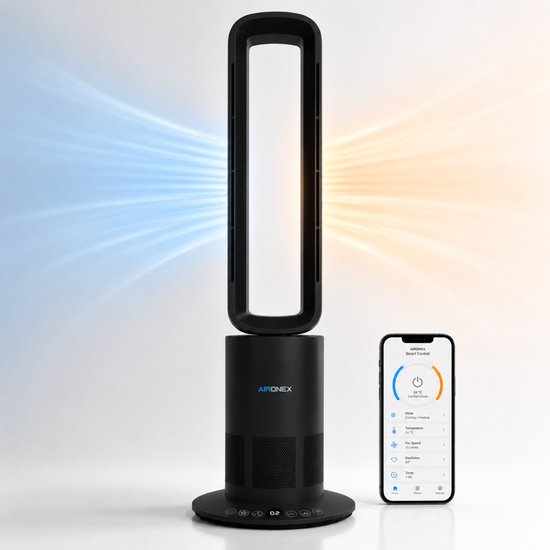Aironex Kabelloser Ventilator Schwarz – Energieeffizienter Luftkühler – Luftkühler mit Schwenkfunktion – Heizen und Kühlen in einem – Ventilatoren – Tischventilator – Standventilator
