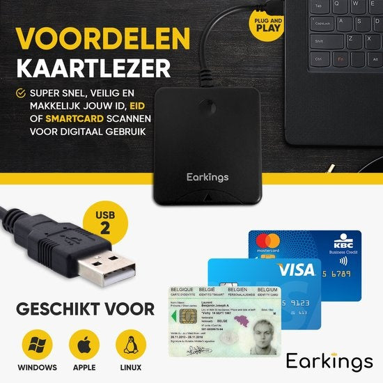 eID Card Reader Ausweiskartenleser - Kartenleser für Ausweiskarten, Kreditkarten und andere Chipkarten - EarKings Card Reader Ausweiskarte geeignet für MAC und Windows Weiß